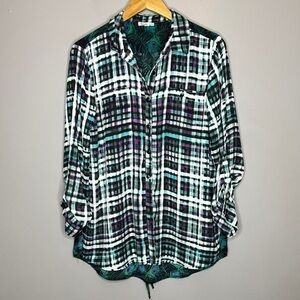 Symple NYC plaid oversized button front peacock blouse